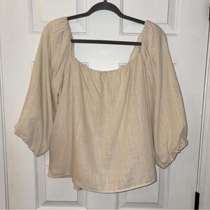 Bohme Beige Linen Blend Puff Sleeve Lightweight Top